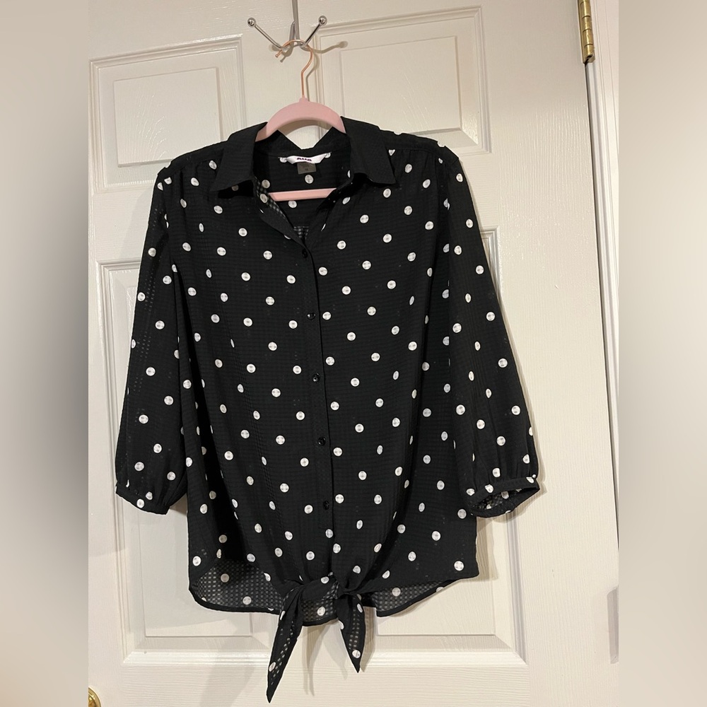 #36 Alia Women’s Black and White Polka Dot Button Down Shirt Size 10